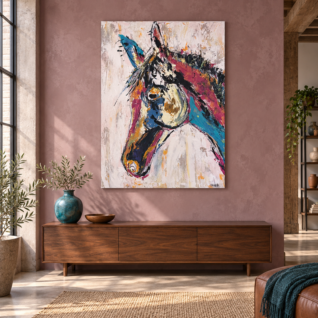 MARGARET’S HORSE by Ali Bench displayed in a mauve loft room