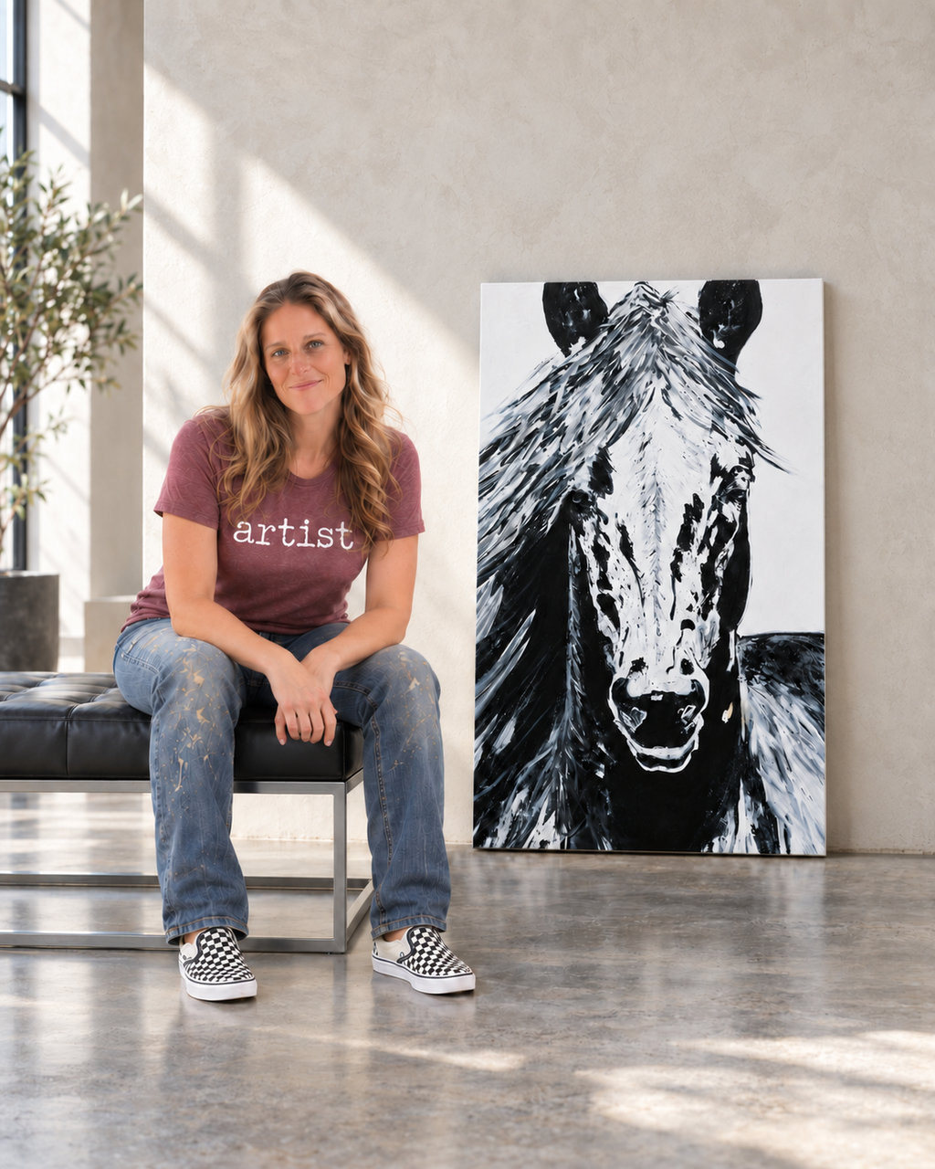 Ali Bench wearing her artist T-shirt beside her black and white horse painting in a gallery