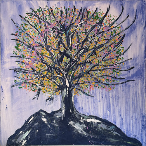 Complete Ali’s Tree of Life painting with dark branches, colorful leaves and a lavender background