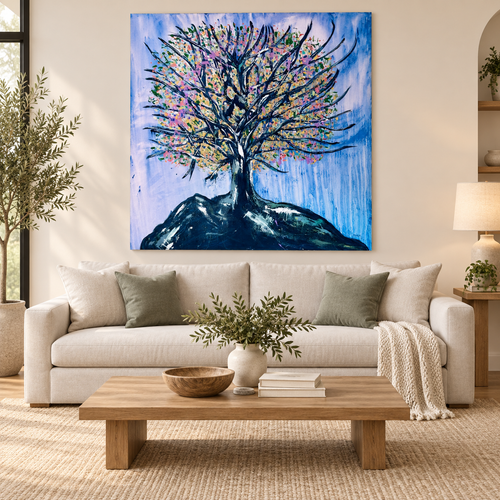 Ali’s Tree of Life painting above a neutral sofa with natural wood and leafy plants