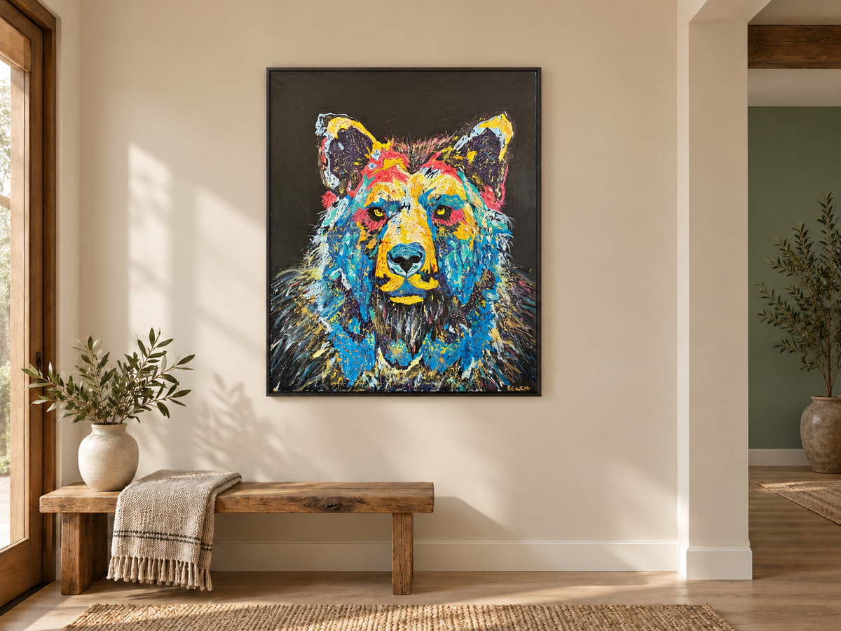 Andy’s Bear painting displayed at the approved scale above a wooden bench in a warm natural room.