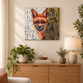 Square Fox painting by Ali Bench, shown closer above a natural wood console
