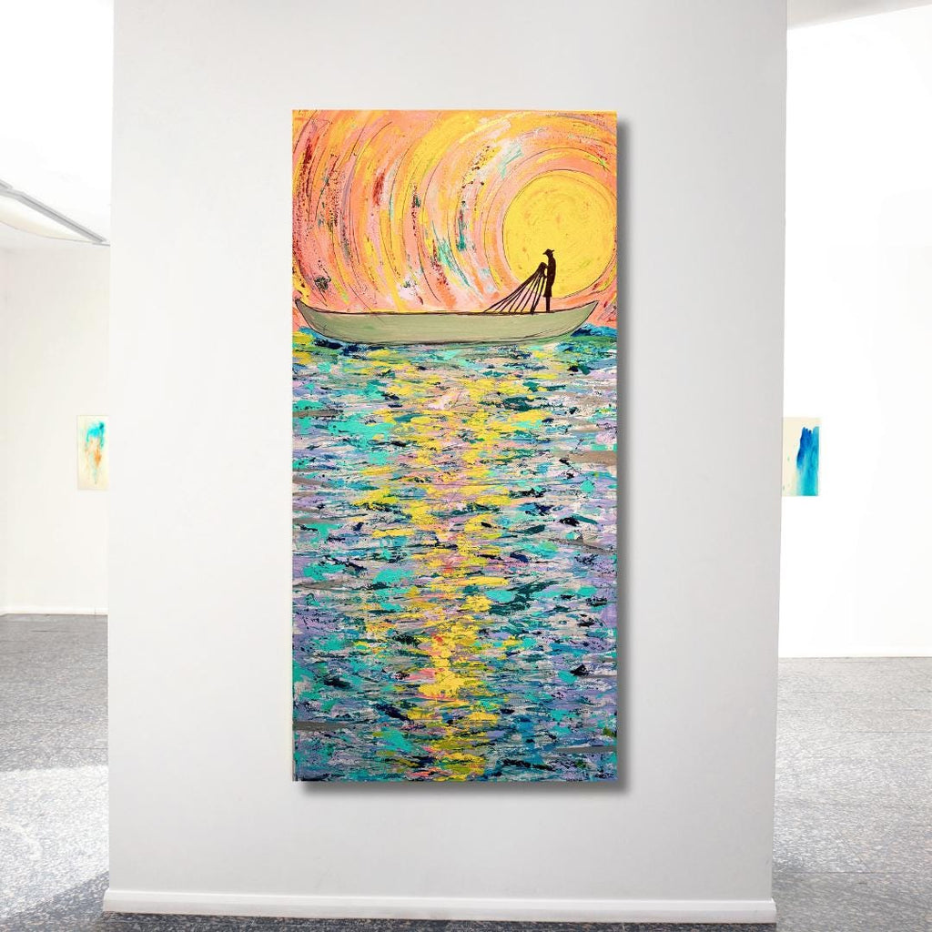 Fishing Boat - Original Acrylic painting of a village fisherman, nature, animals, fish, water