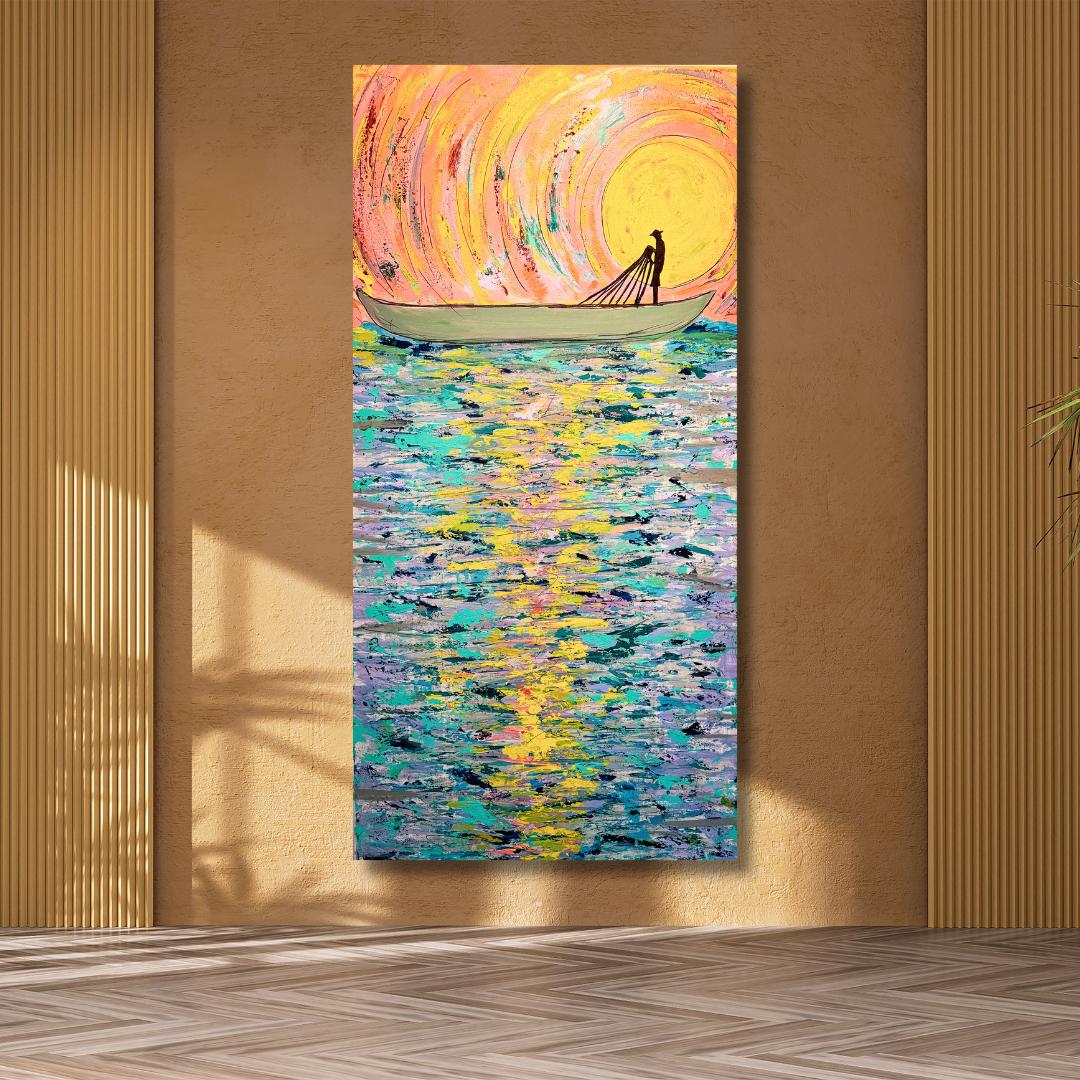 Fishing Boat - Original Acrylic painting of a village fisherman, nature, animals, fish, water