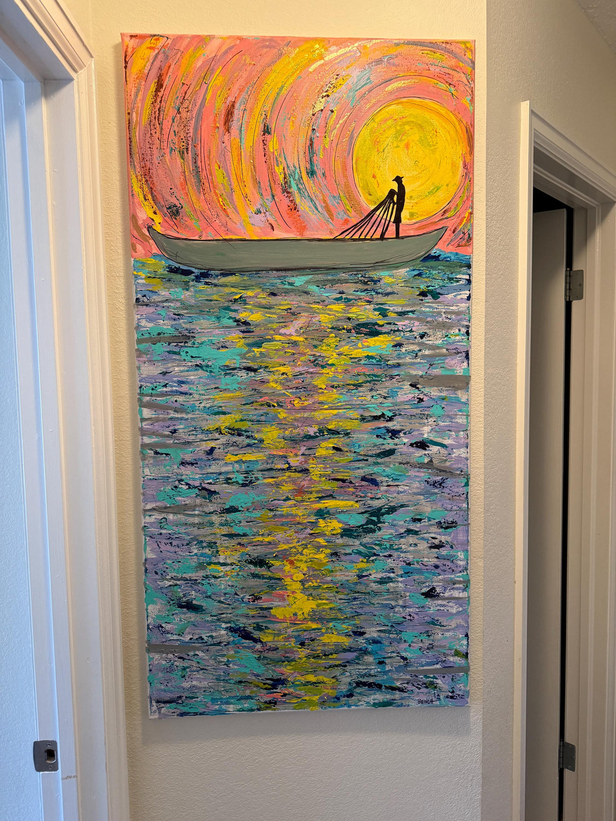 Fishing Boat - Original Acrylic painting of a village fisherman, nature, animals, fish, water