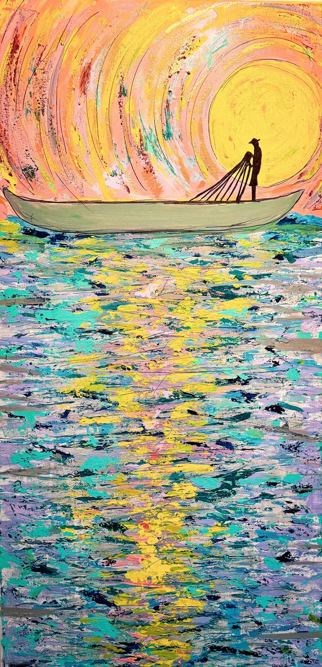Fishing Boat - Original Acrylic painting of a village fisherman, nature, animals, fish, water