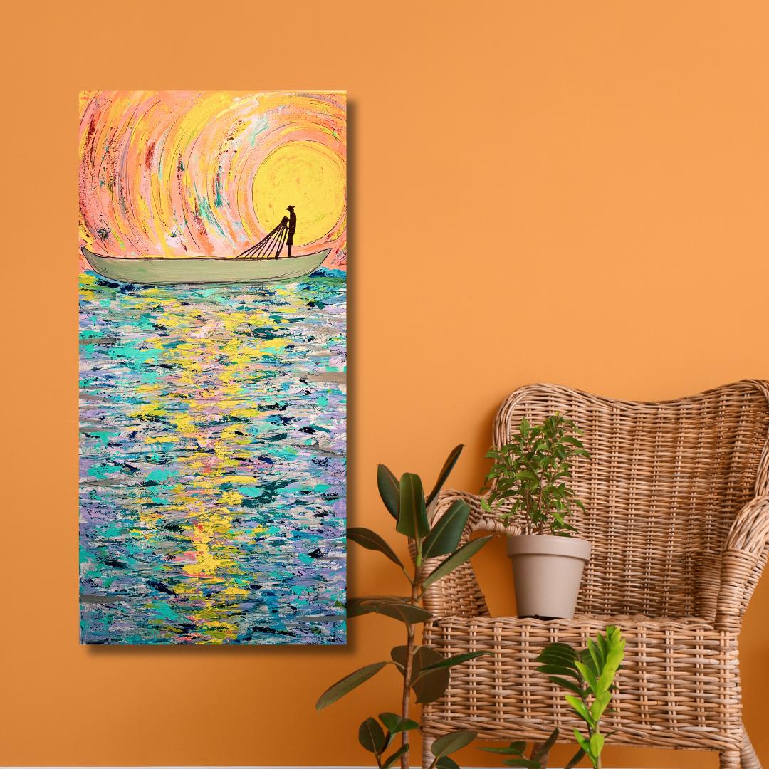 Fishing Boat - Original Acrylic painting of a village fisherman, nature, animals, fish, water