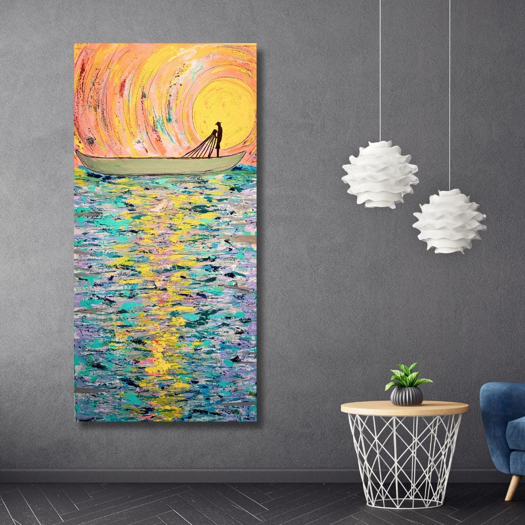 Fishing Boat - Original Acrylic painting of a village fisherman, nature, animals, fish, water