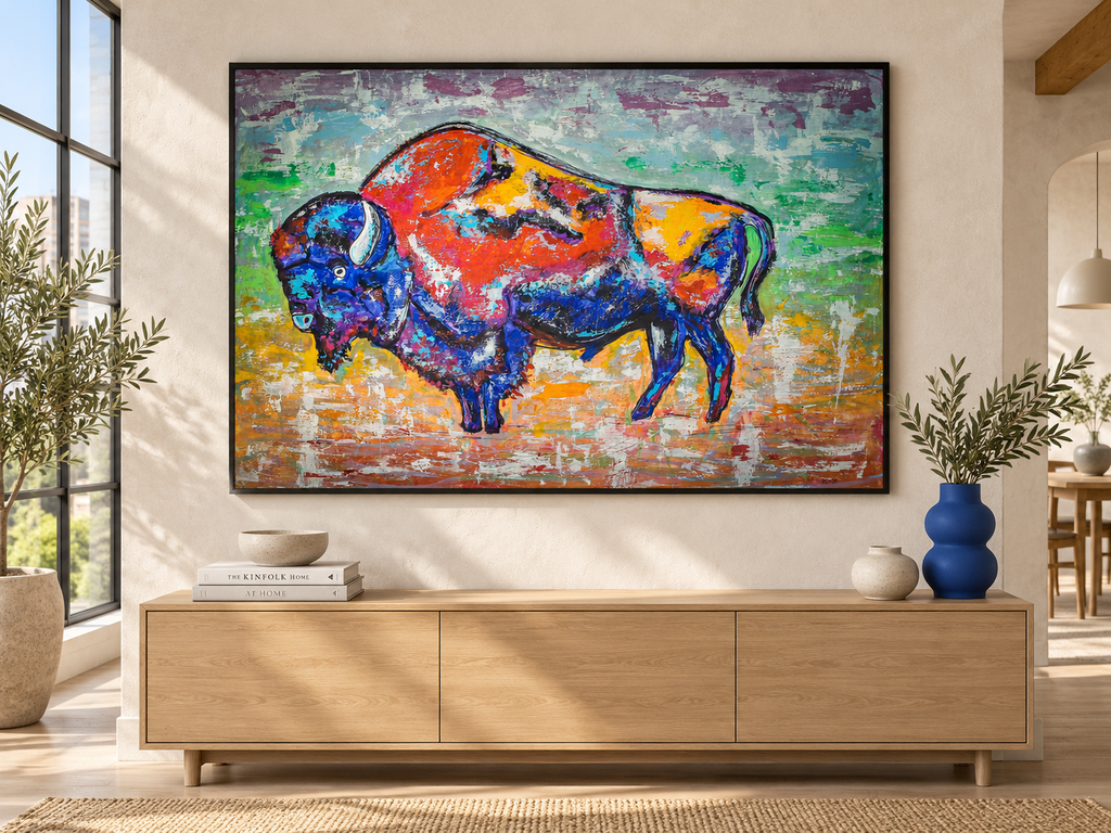 Javier’s Buffalo painting displayed above a natural oak sideboard in a bright modern room.
