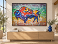 Javier’s Buffalo painting displayed above a natural oak sideboard in a bright modern room.