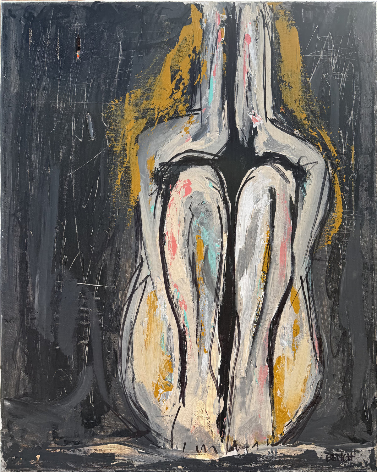 TORTURED by Ali Bench — full artwork showing a seated figure against a textured gray background.